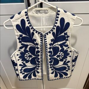 Zara Cream and Navy Embroidered Vest